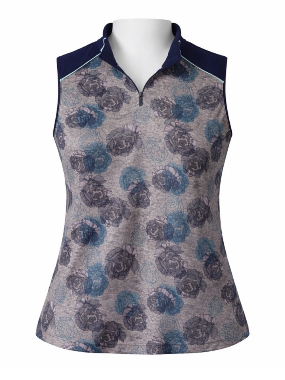 Size L Lady Hagen Women’s Sleeveless Golf Polo Floral Mock Neck Blue‎ Gray Top